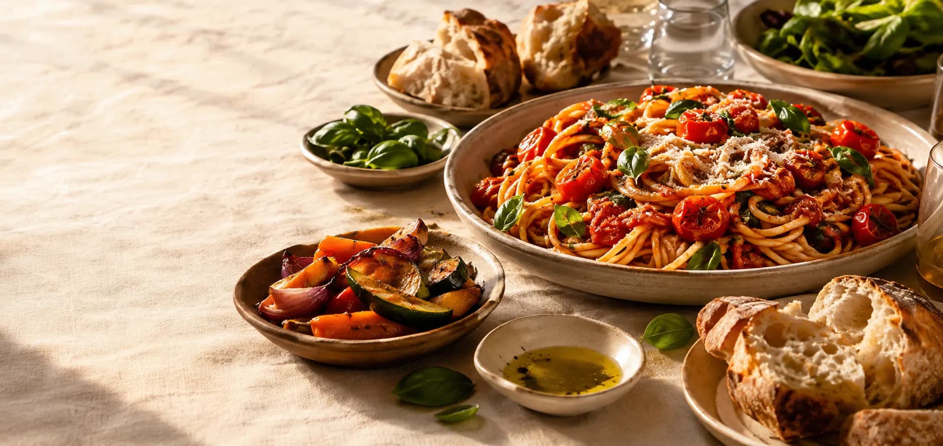 Grande tablée familiale : plat de spaghetti aux tomates cerises et basilic, légumes rôtis et pain frais dans une lumière chaude