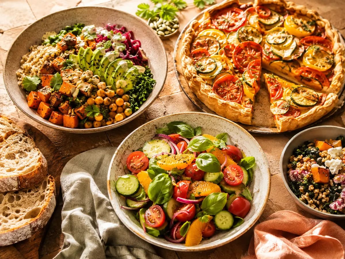 Tarte fine aux tomates et courgettes, bol coloré à l'avocat et salade fraîche au basilic, vus de dessus